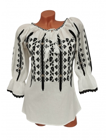 Ie traditionala dama alba cu broderie neagra geometrica
