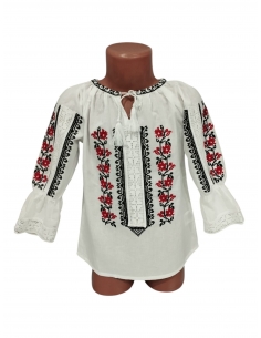 Ie traditionala fetite alba cu broderie florala rosie si neagra