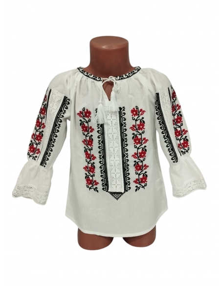 Ie traditionala fetite alba cu broderie florala rosie si neagra