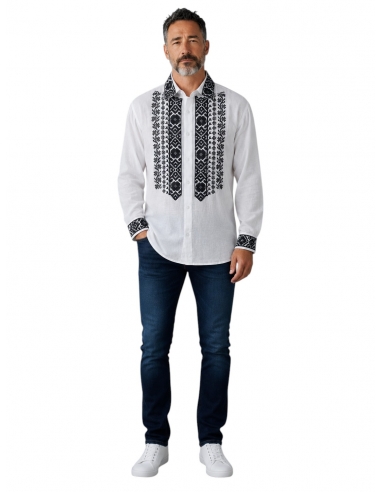 Camasa Traditionala Barbati Alba cu Broderie Neagra Geometrica si Guler Brodat