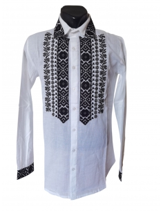 Camasa Traditionala Barbati Alba cu Broderie Neagra Geometrica si Guler Brodat