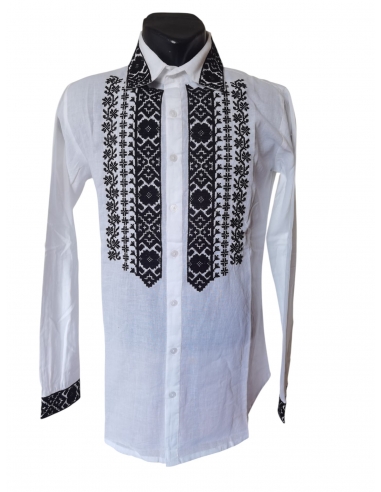 Camasa Traditionala Barbati Alba cu Broderie Neagra Geometrica si Guler Brodat