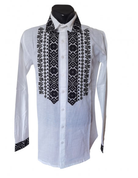 Camasa Traditionala Barbati Alba cu Broderie Neagra Geometrica si Guler Brodat
