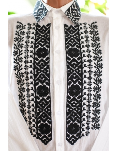 Camasa traditionala barbati alba cu broderie neagra geometrica