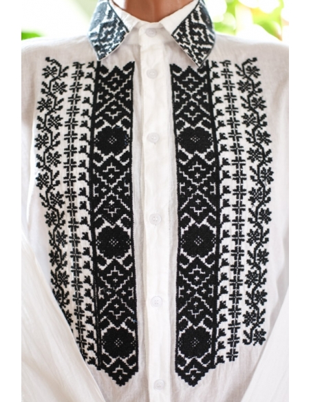 Camasa traditionala barbati alba cu broderie neagra geometrica