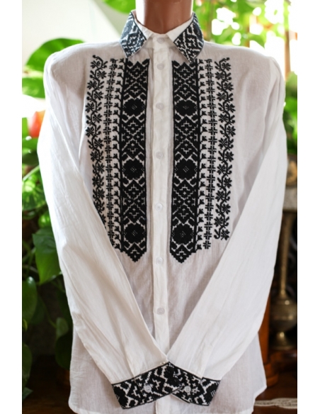 Camasa traditionala barbati alba cu broderie neagra geometrica