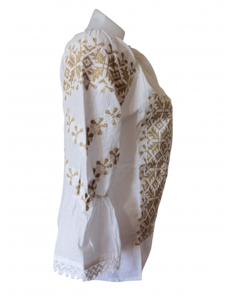 Ie traditionala dama alba cu broderie aurie model fulgi de nea