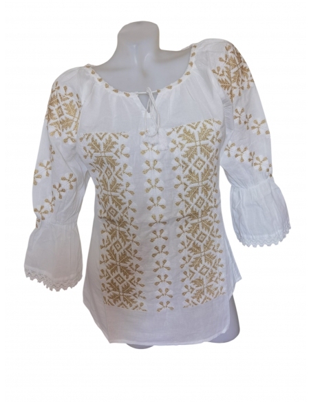 Ie traditionala dama alba cu broderie aurie model fulgi de nea