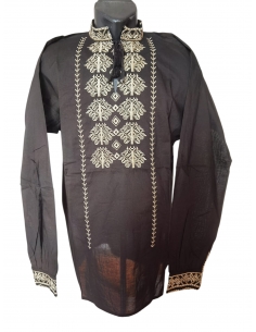 Ie traditionala barbateasca neagra cu broderie alba geometrica romaneasca