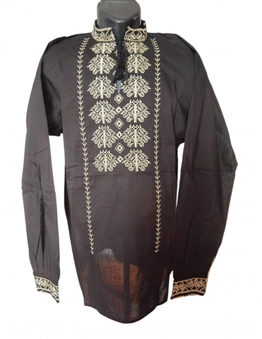 Ie traditionala barbateasca neagra cu broderie alba geometrica romaneasca