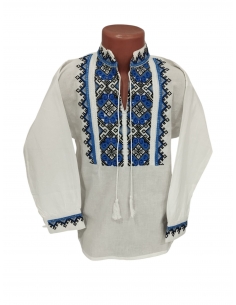 Ie traditionala baieti alba cu broderie albastra si neagra model geometric romanesc
