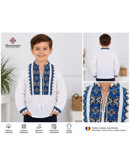 Ie traditionala baieti alba cu broderie albastra si neagra model geometric romanesc