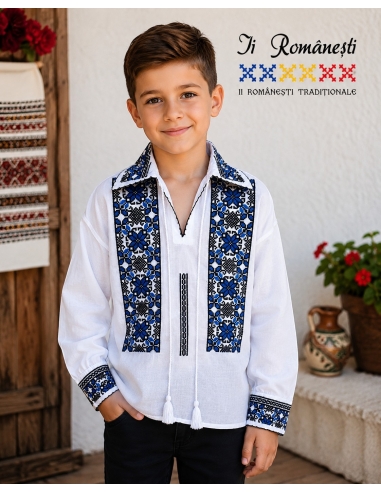 Ie traditionala baieti alba cu broderie albastra si neagra model popular romanesc cu guler clasic
