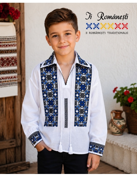 Ie traditionala baieti alba cu broderie albastra si neagra model popular romanesc cu guler clasic