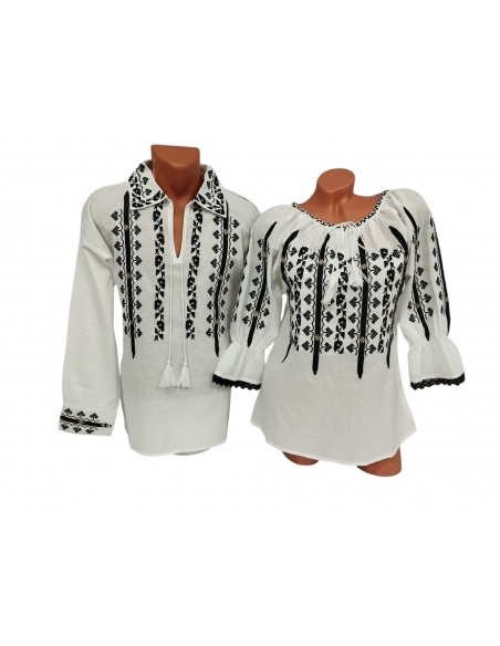 Set traditional cuplu alb cu broderie neagra format din ie dama si camasa traditionala barbati