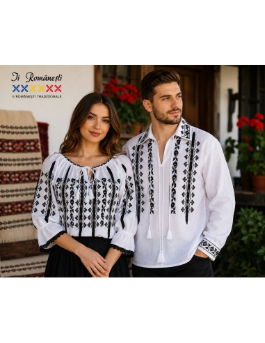 Set traditional cuplu alb cu broderie neagra format din ie dama si camasa traditionala barbati