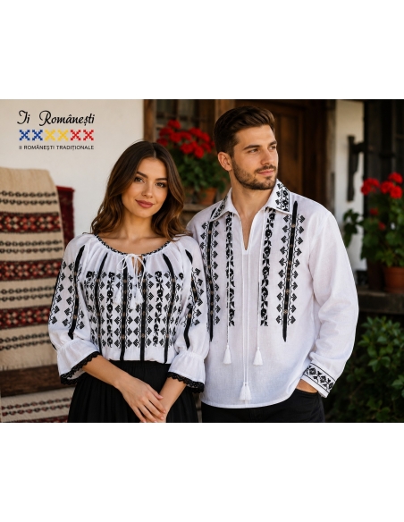 Set traditional cuplu alb cu broderie neagra format din ie dama si camasa traditionala barbati