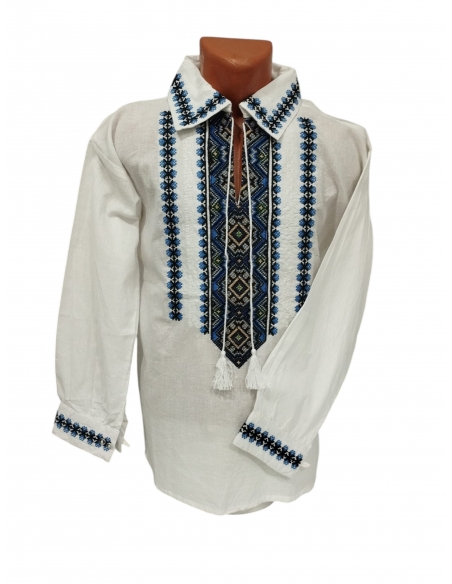 Camasa traditionala barbati alba brodata cu model geometric albastru si negru