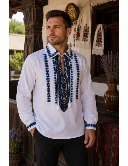 Camasa traditionala barbati alba brodata cu model geometric albastru si negru
