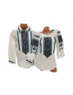 Set cuplu cu camasa traditionala barbati si ie traditionala dama brodate geometric albastru