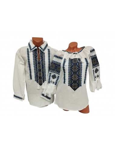 Set cuplu cu camasa traditionala barbati si ie traditionala dama brodate geometric albastru