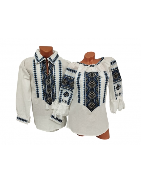 Set cuplu cu camasa traditionala barbati si ie traditionala dama brodate geometric albastru