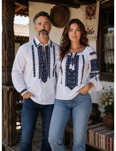 Set cuplu cu camasa traditionala barbati si ie traditionala dama brodate geometric albastru
