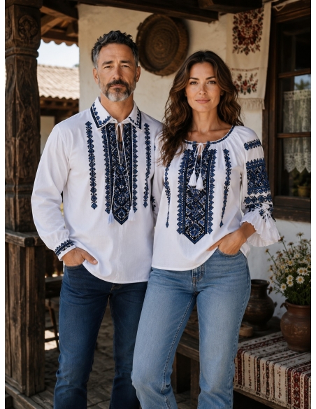Set cuplu cu camasa traditionala barbati si ie traditionala dama brodate geometric albastru