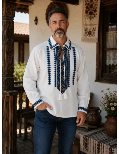 Set cuplu cu camasa traditionala barbati si ie traditionala dama brodate geometric albastru
