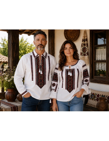 Cuplu purtand ie traditionala dama si camasa traditionala barbateasca din bumbac cu broderie geometrica rosie si neagra.