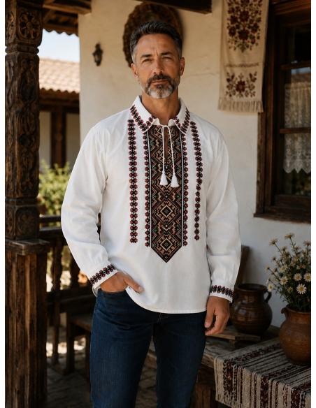 Cuplu purtand ie traditionala dama si camasa traditionala barbateasca din bumbac cu broderie geometrica rosie si neagra.