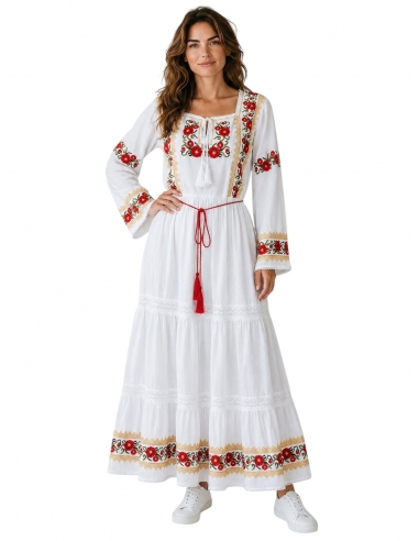 Rochie traditionala romaneasca alba cu broderie rosie si aurie model maci traditionali maneca trei sferturi