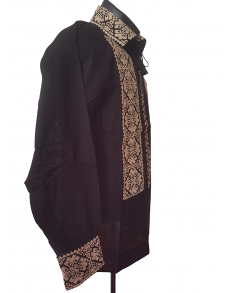 Camasa traditionala barbateasca neagra cu broderie geometrica crem