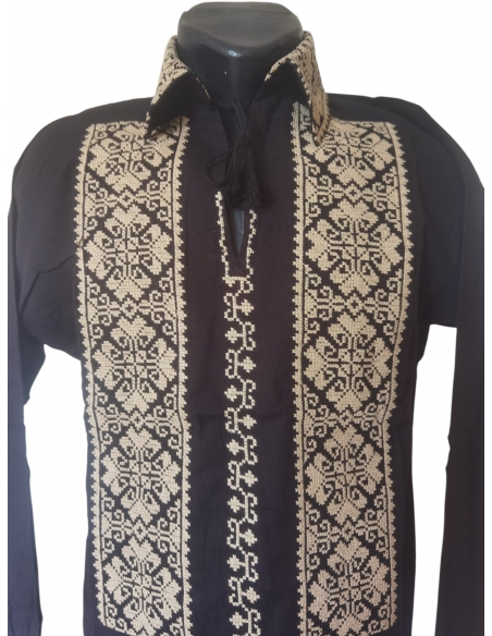 Camasa traditionala barbateasca neagra cu broderie geometrica crem