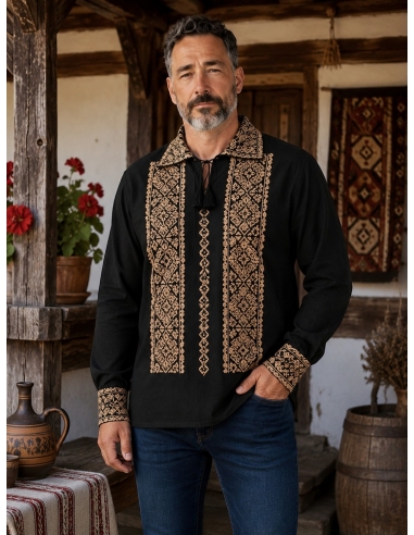 Camasa traditionala barbateasca neagra cu broderie geometrica crem