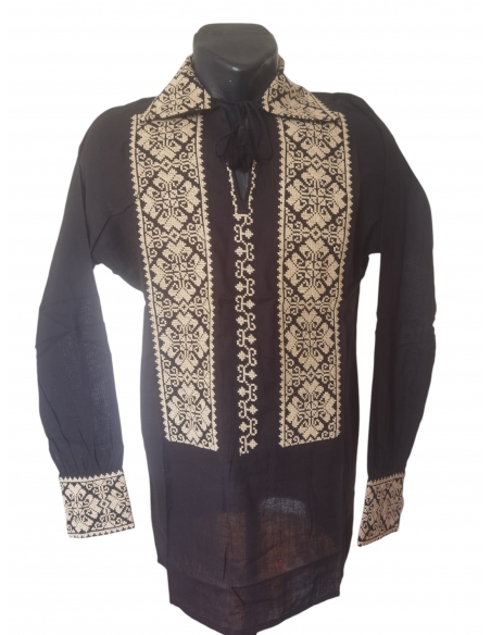 Camasa traditionala barbateasca neagra cu broderie geometrica crem