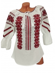 Ie traditionala dama alba cu broderie rosie si motive geometrice romanesti