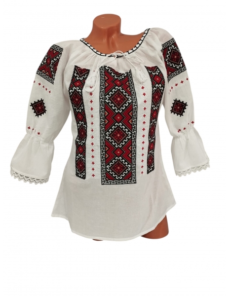 Ie Traditionala Dama Alba cu Broderie Geometrica Negru-Rosu