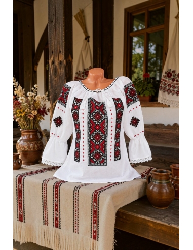 Ie traditionala dama alba cu broderie geometrica negru rosu