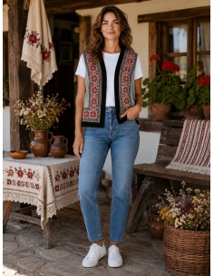 Vesta traditionala dama bej cu broderie florala rosie si neagra