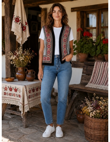 Vesta traditionala dama bej cu broderie florala rosie si neagra