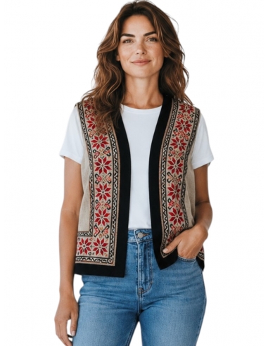 Vesta traditionala dama bej cu broderie florala rosie si neagra