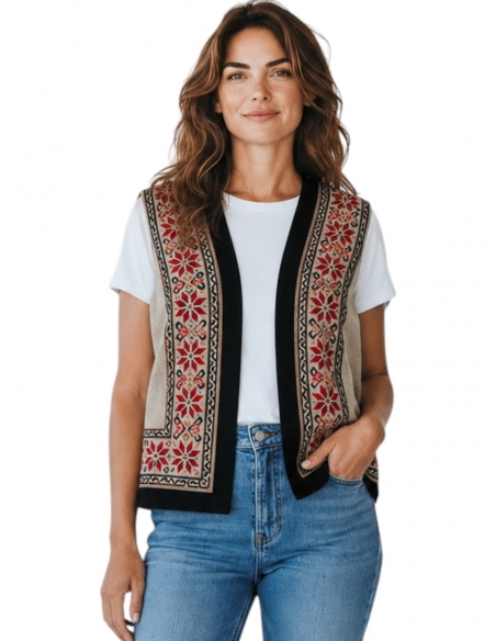 Vesta traditionala dama bej cu broderie florala rosie si neagra