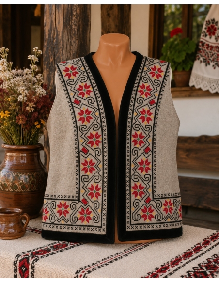 Vesta traditionala dama bej cu broderie florala rosie si neagra