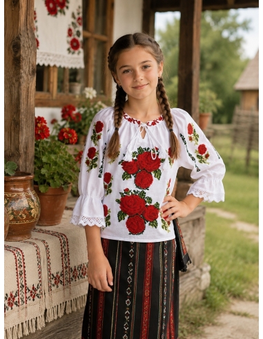Ie traditionala pentru fetite alba brodata cu trandafiri rosii