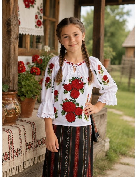 Ie traditionala pentru fetite alba brodata cu trandafiri rosii
