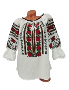 Ie traditionala dama alba cu trandafiri rosii si broderie neagra