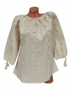 Ie traditionala dama bej cu broderie ton pe ton si maneca trei sferturi
