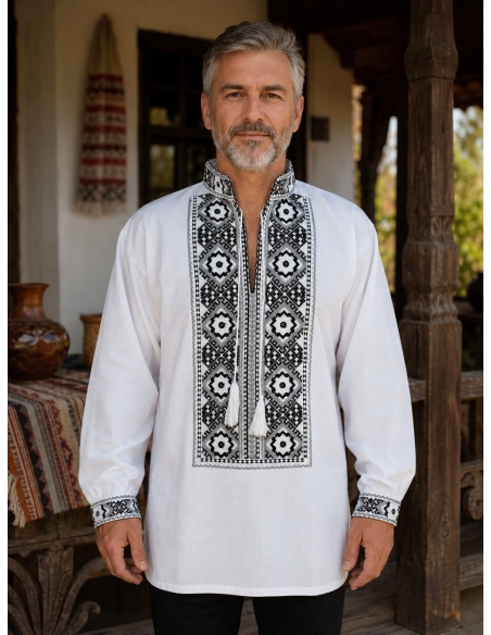 Camasa traditionala barbateasca alba cu broderie neagra si gri