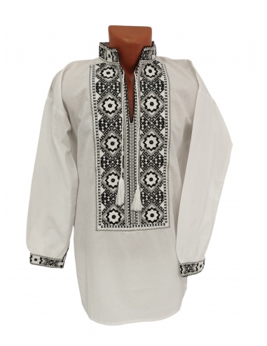 Camasa traditionala barbateasca alba cu broderie neagra si gri